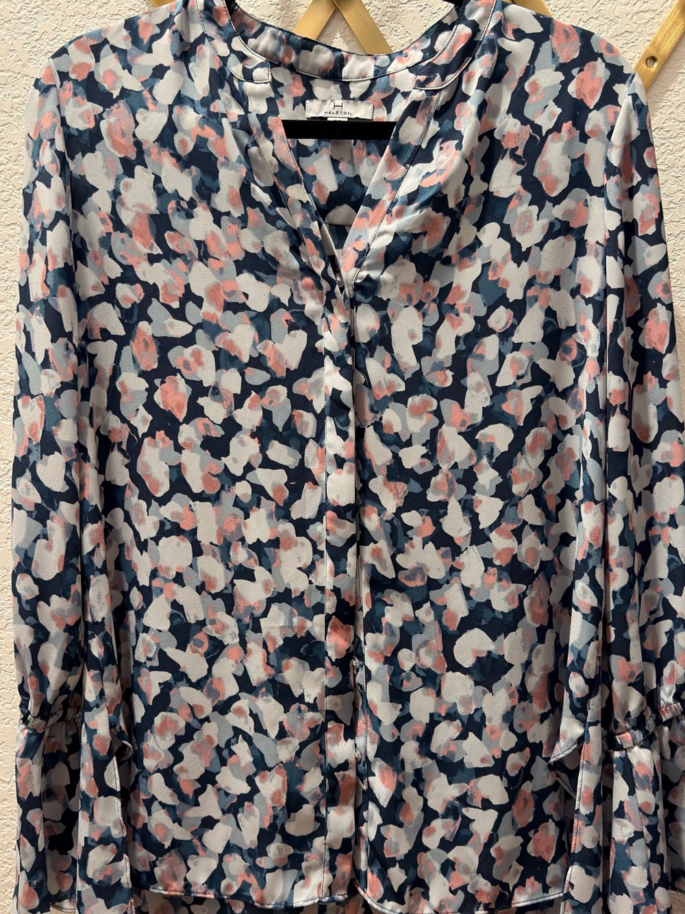 H By Hudson Navy Blouse with Pink and White Abstract Spots